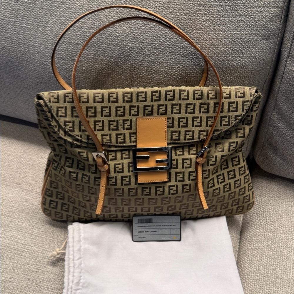 Fendi Spy Bag Zucca Canvas Leather Tote with Top Handle and Kiss Lock Brown
